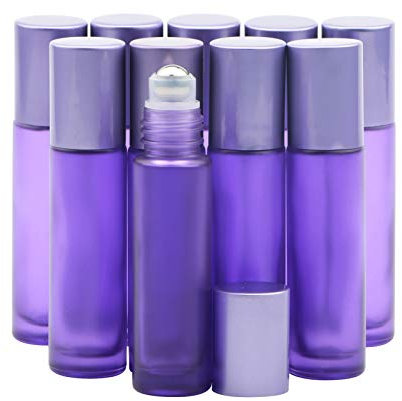 Rowiz 10PCS 10ml Essential Oil Roller Bottles Purple Frosted Glass Bottle Leakproof Glass Bottle With Stainless Steel Balls And Anodized Aluminum Screwcap For Perfume & Aromatherapy Oils