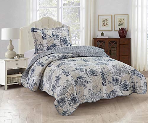 Brilliant Sunshine Blue Toile in Beige und Elfenbein-Aufnäher, 2-teiliges Steppdecken-Set mit 1 Kissenbezug, wendbare Tagesdecke, weiche leichte Decke, Ganzjahresdecke, Doppelbett, Blau