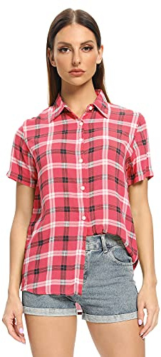 Aeslech Chemise Femme Chemisier à Carreaux Chic Boutonnée Manche Courte D'été