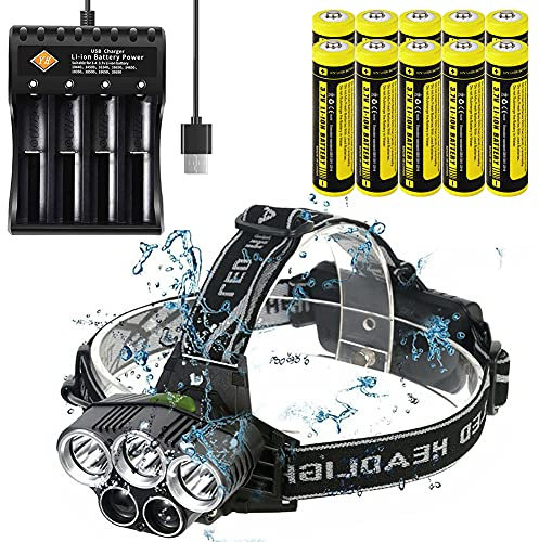 VISVIC Adjustable Head Torch, 6 Modes, Rechargeable, 10 Pack Batteries, 4-Slot USB Charger, Perfect for Camping, Hiking