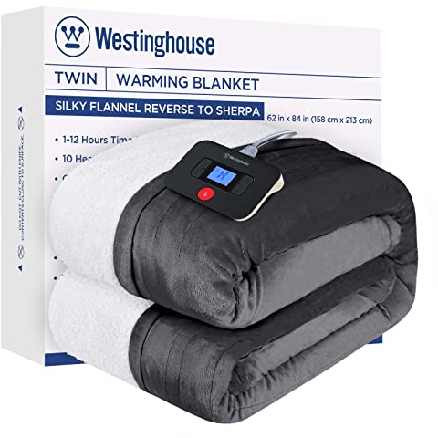 Westinghouse Electric Blanket Twin, Heated Blanket Twin Size with 10 Heating Levels and 1 to 12 Hours Heating Time Settings, Flannel to Sherpa Reversible, Machine Washable (62 x 84, Charcoal)