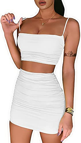 Zesoyne Women 2 Piece Set Cami Crop Top Mini Skirt | Matching Outfits, Spaghetti Strap, Ruched, Bodycon Fit, Short Skirts, Sexy Clubwear for Night Out