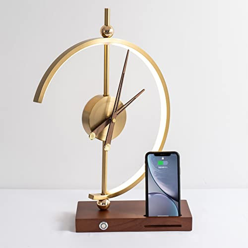 MODIRNATION Uhr Golden Time | Tischlampe | Qi Wireless und USB Ladegerät für Zuhause, Büro und Hotel, Goldene Analoguhr mit Holzzeigern, Dimmen LED-Licht, Telefonständer und Ladegerät