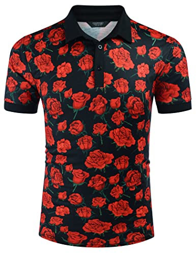 COOFANDY Herren-Poloshirt, kurzärmelig, schmale Passform, Paisley-Polo-T-Shirt, Blumendruck, Rosa (schwarz), XX-Large