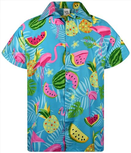 King Kameha Funky Chemise-Hawaienne, Manche-Courte, JK-Flamingo-Melon-Print, Turquoise, M