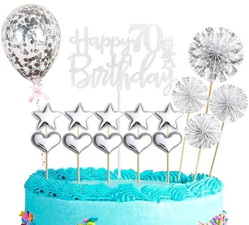 Tortendeko 70 Geburtstag Frau Mann,16 Stück Glitzer 70. Geburtstagstorte Topper,Silber Cake Topper Deko 70 Geburtstag,Happy 70th Birthday Kuchendeko Luftballons für 70. Geburtstag Party Kuchen Deko