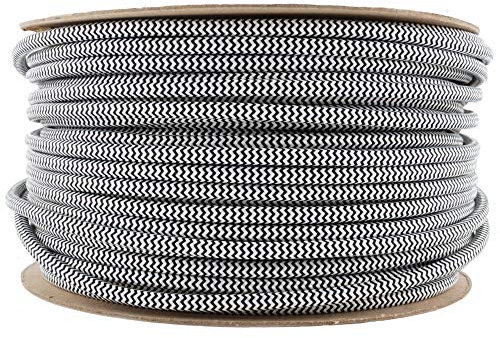 LEDSone Cable de tela redondo de 2 núcleos, 5 metros, color blanco y negro, estilo vintage, trenzado italiano, 0,75 mm, cable eléctrico flexible para iluminación británica.