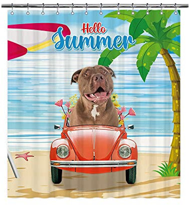 Pitbull Duschvorhänge mit roter Nase, für Hunde, Vintage-Auto, Hallo Sommer, Blau, Ozean, Meer, Strand, Tier, dekorative Vorhänge für Badezimmer, Zuhause, 168 x 183 cm, mit Ösen und Haken