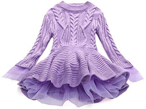 GNGR Tulle Maglione per bambini camicia con maglione invernale all'uncinetto per bambini a maglia vestiti per ragazze e gonna cardigan 140, Lilla, 5-6 Anni