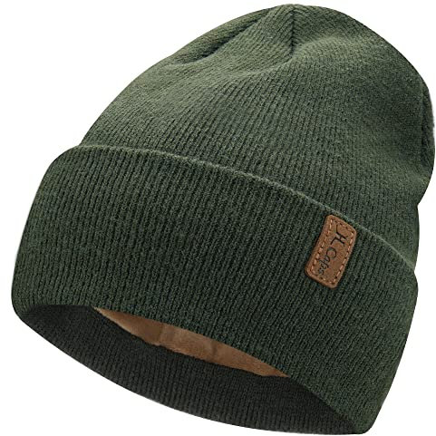 Damen Herren Winter Warm Beanie Mütze Strickmütze Slouchy Thermo Wintermütze Cuffed Skull Cap mit Fleece Gefütterte Frauen Geschenk, Grün, Einheitsgröße