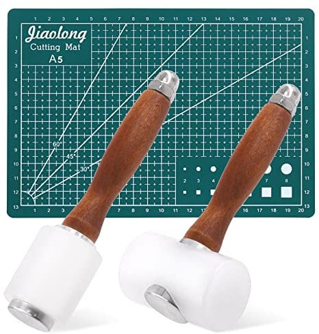 Glarks Juego de 3 martillos de tallado de cuero con alfombrilla de corte, 2 martillos de mango de madera de nailon y 1 alfombrilla de corte de costura A5 para sellar herramientas de cuero vacuno