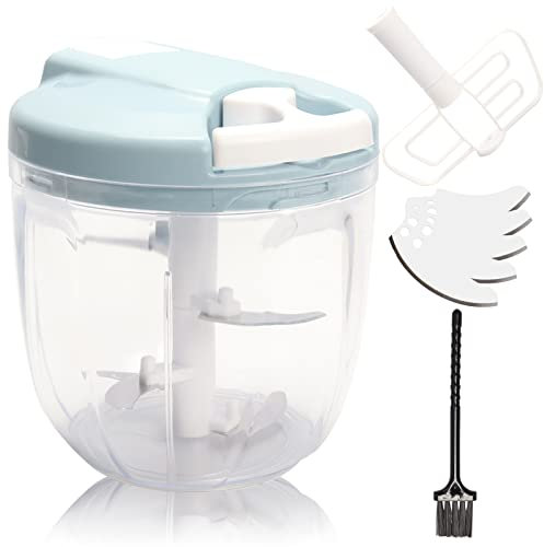 Zwiebelschneider mit Seilzug, 900ML Upgrade Große Gemüseschneider, Zwiebelschneider Manuell mit 5 Edelstahlklingen, 1 Mixer, 1 Bürsten, Multifunktional Zwiebel Zerkleinerer für Gemüse, Fleisch, Eier