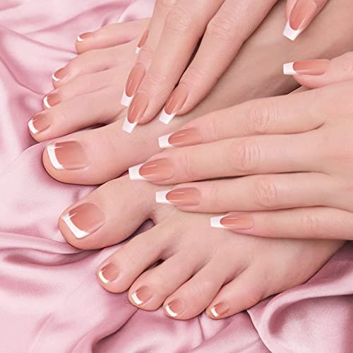 Kiiwah 48 Pieces French False Toenails and False Fingernails Set, Full Cover Short Fake Toe Nails Tips, Artificial Acrylic Press on Nails, Stick on Toenails for Women Girls Nail Art DIY