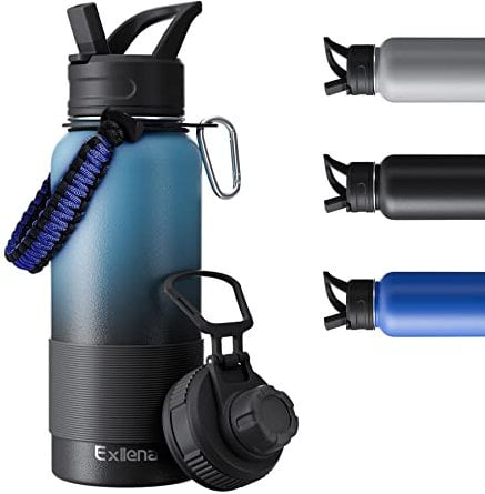 Exllena 1 Litre Water Bottle with Two Lids, Stainless Steel Water Bottle Double Insulated with Silicone Sleeve and Paracord Handle Practical - Gradient