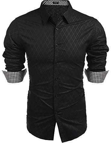COOFANDY Herren Langarm Hemden Slim Fit Freizeithemd Diamant Muster Karohemd Business Hemd Party Hochzeit Hemden Modern Männer Klassisch Hemden Langarmhemd,2-Schwarz,M