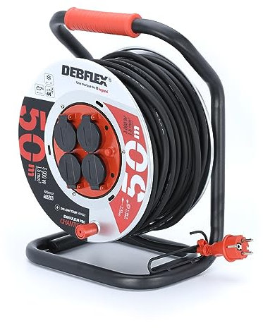 DEBFLEX - Kabeltrommel HO7RN-F 3G1,5 mm² – Elektrische Kabeltrommel mit Verlängerungskabel 50 m + 4 wasserdichte Steckdosen IP44 – mit Kabelführung + Touretverriegelung – PVC + Metall – Schwarz