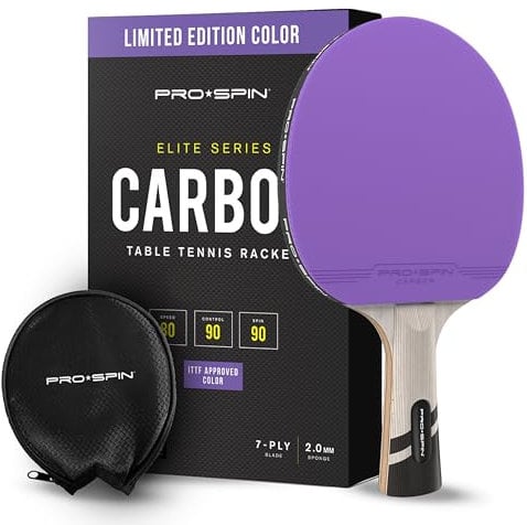 PRO SPIN Tischtennisschläger – Kohlefaser, Limitierte Auflage, Elite-Serie, 7-lagige Klinge, Premium-Gummi, 2,0 mm Schwamm und Gummi-Schutzhülle, Shakehand Grip Tischtennisschläger