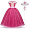 URAQT Aurora Mädchen Prinzessin Kleid, 3teiliges Dornröschen Kinder Mädchen Kostüm Set mit Kronen, Zauberstabzubehör，Rose Rot Spitze Prinzessin Kleid für Karneval, Weihnachten, Mottoparty Cosplay 120