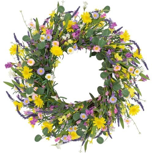 LLZLL Spring Wreaths for Front Door 24 Spring Wreath with Eucalyptus Leaf/Sunflower/Forsythia/Lavender/Daisy Artificial Summer Wreath for Indoor Outdoor Home Decor and Festival Celebrations