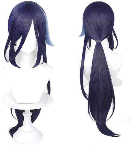 Wig Fontaine Cosplay Perücke Lange Blaue Gerade Pferdeschwanz Perücke mit Pony für Frauen und Männer Comic Con, Anime Show, Halloween