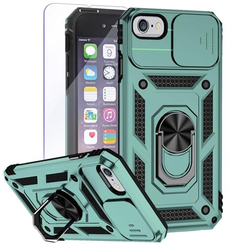 Teayoha Camera Case for iPhone SE 2022/2020, iPhone 7/8,with Screen Protectors, Military Grade Shockproof Cover with Magnetic Rotatable Ring Kickstand Protective Case (4.7-Inch),Dark Green