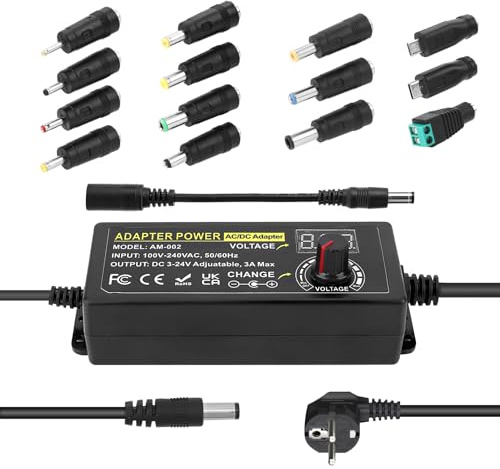 3A 72 Adaptador de Corriente Ajustable, Adaptador Universal de Corriente AC/DC 3V~24V Ajustable,Convertidor de 100V-240V AC a DC con 14 Puntas y Cable de polaridad de Corriente - 3A Máx