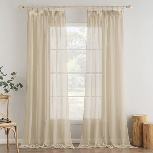 MIULEE 2er Set Voile Vorhang Sheer Vorhang mit kräuselband Transparente Leinenoptik Gardinen Wohnzimmer Modern Fensterschal Schlafzimmer 140x260cm (B x H) Beige
