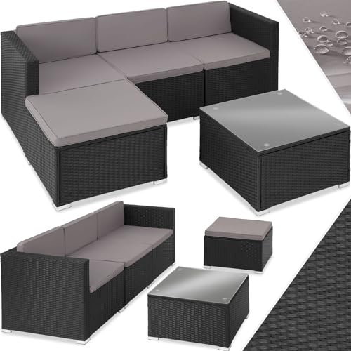 TecTake® Conjunto Jardín en Ratán con Cojines, Conjunto Terraza Resistente a Intemperie, Muebles Jardín Exterior, 3 Sillones, 1 Taburete, 1 Mesa Cristal, Fundas Extraíbles, Fácil Limpieza - Negro