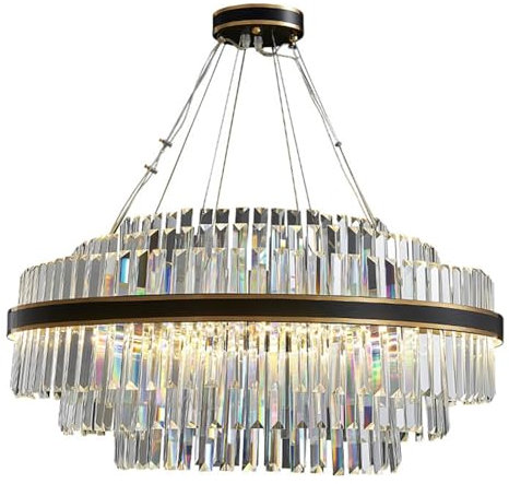 Leomix Kristall-Kronleuchter, Schwarzer Moderner Kronleuchter, Dimmbare Hängende Pendelbeleuchtung, Verstellbarer Kristall-Kronleuchter Für Wohnzimmer, Esszimmer, Kücheninsel,Round 80CM