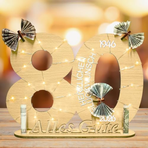 Qunkun Geldgeschenke Geburtstag 80, Holz Schild Gästebuch, LED Lichterkette | Geschenke zum 80 Geburtstag Frau Mann, 80 Geburtstagszahlen Holz Schild Gästebuch mit LED Lichterkette