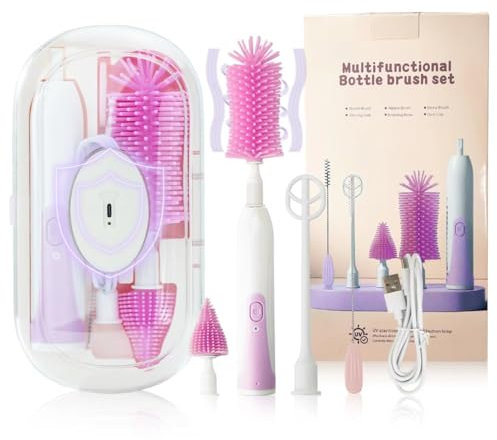 Electric Bottle Brush Set with Silicone Pacifier/Straw Brush and Mixing Head, Water Bottle Cleaner with Drying Rack, 2 Modes & 360 Rotation (Purple)