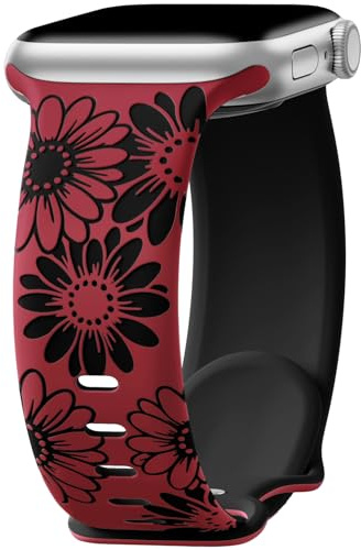 DaQin Bracelet floral gravé compatible avec les bracelets Apple Watch pour femme 40 mm, 41 mm, 42 mm, 44 mm, 45 mm, 46 mm, 38 mm, bracelet de sport en silicone souple pour iWatch Series 11 10 9 8 7 6