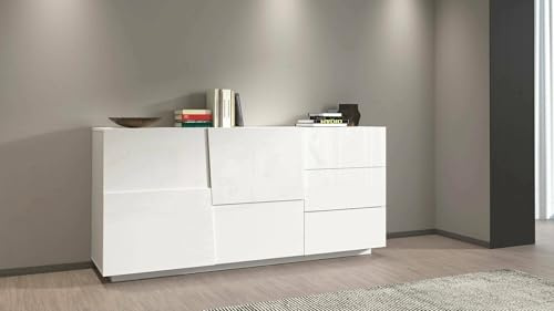 Dmora - Buffet Xavier, Buffet de Salon, Buffet de Salon avec 2 Portes et 3 tiroirs, 180x44h86 cm, Blanc Brillant