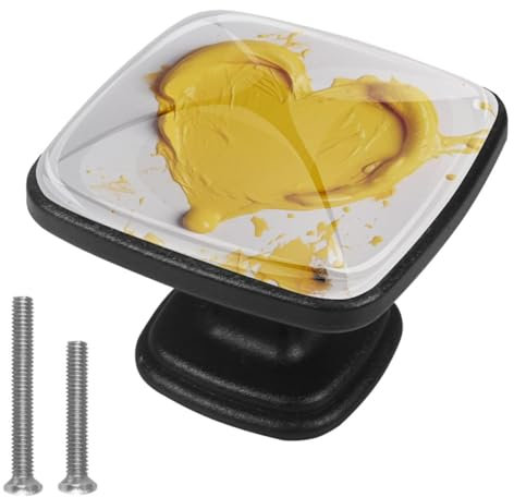 Upgrade Your Cabinets with Set of 4 Black Patterned Square Drawer Handles, Perfect Touch for Kitchen, Living Room, and Wardrobes, Yellow Heart Paint Pattern
