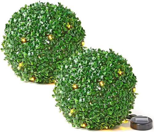 Solalite® Topiary Balls – 2 x 28cm Green Artificial Ball Plants Outdoor with 20 Solar Led Lights, Garden Hanging Balls Sphere Decorative For Wedding, Christmas, Backyard, Balcony, Garden Decor