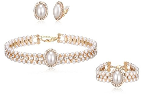 Ever Faith Parure de bijoux pour femme avec perles simulées en cristal vintage 3 couches - Collier long et boucles d'oreilles, cristal Perle simulée