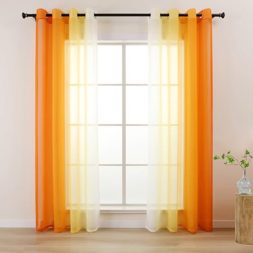 L.Z.E Vorhänge Gardine mit Farbverlauf Vorhang Orange Weiß für Wohnzimmer Kinder Mädchen Schlafzimmer Fenster Transparent mit Ösen 2er Set Voile Gardinen Schal 140 x 145 cm Kurz (LZE2220E-OR145)