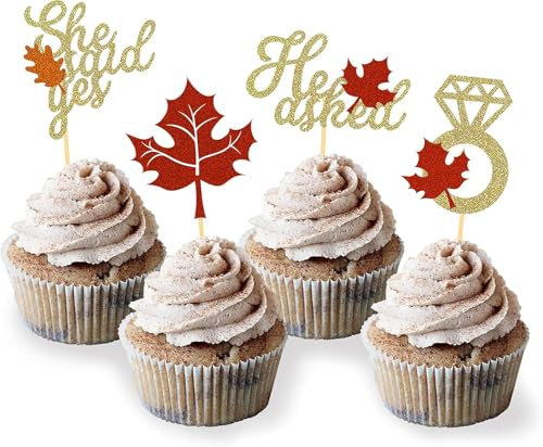 24 Stück Glitzer He Asked She Said Yes Cupcake Toppers, Herbst Kuchendeko, Diamantring Ahornblätter Tortendeko für Herbst Bride Brautdusche Heiratsantrag deko, Verlobung Hochzeit Dekoration (He Asked)
