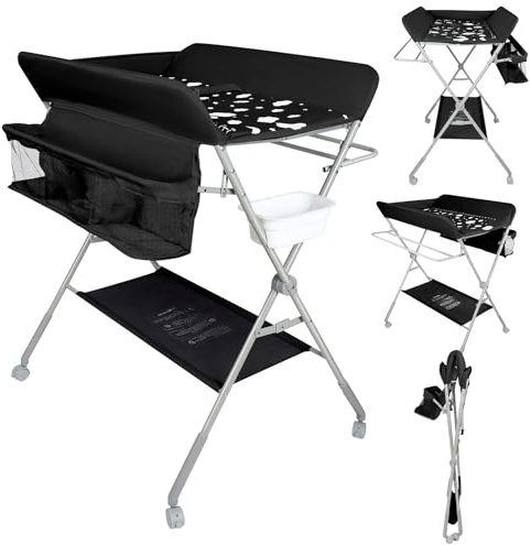 Baby Klappbarer Wickeltisch,Mobiler Wickeltisch mit Rollen und Wickelauflage,Wasserdicht und Höhenverstellbar,Baby Wickelkombi mit Ablagefächern-80 * 58 * 90 cm-schwarz