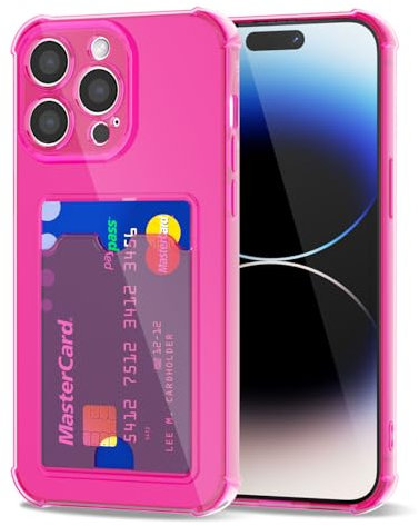 Svanove for iPhone 14 Pro Case Wallet Clear, Card Holder Case with Credit Card Slot, Thin Slim Transparent Silicone Grip Soft Rubber Protective Shockproof Airbag Bumper for Women, Hot Pink