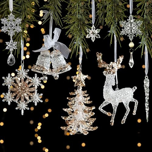 TINA Christbaumschmuck 8 Stück Anhänger Weihnachtsbaum Acryl Weihnachtsbaumschmuck Schneeflocken Weihnachtsbaum Eiszapfen Deko Rentier Glöckchen Baumschmuck Weihnachten Christmas Decorations