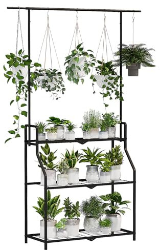 Bamworld Pflanzenregal mit Hängestange, 3 Etagen Metall Blumenregal für Innen & Außen, Pflanzenständer für Blumentöpfe & Hängepflanzen, Schwarz
