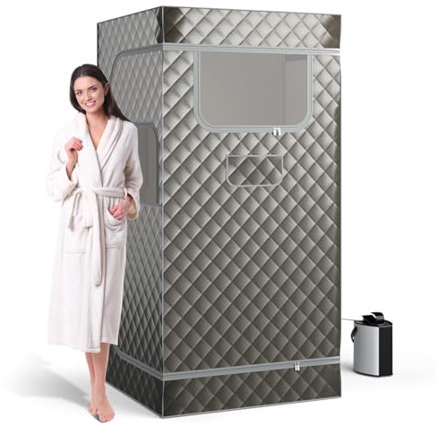 COSTWAY Dampfsauna Heimsauna für Zuhause, Ganzkörpersaunabox mit 3-Liter-Dampfgenerator, Fernbedienung, Fußmassagegerät & Klappstuhl, tragbare Saunazelt 91 x 91 x 183 cm (grau)