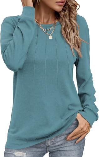 Damen Pullover Lässig Langarmshirt Elegant Herbst Winter Rundhals Sweatshirt Langarm Shirts Loose Plissee Oberteile Türkis M