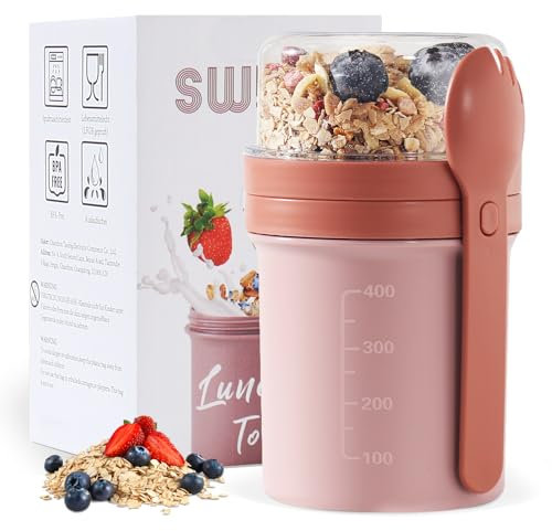 Swkien MüSlibecher to Go, Joghurtbecher to Go 450ml+250ml, Joghurt to Go Becher mit Löffel, Müsli Becher to Go für Müsli & Joghurt, Auslaufsicherer Müsli Cup to Go, Lunchpot(Vivid Mauve)