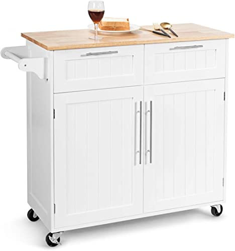 FANTASK Isla de Cocina de Madera de 94 cm, Isla de Cocina con encimera y toallero en Blanco, Carrito de Servir con Ruedas, Carrito de Cocina con 2 cajones y Puertas