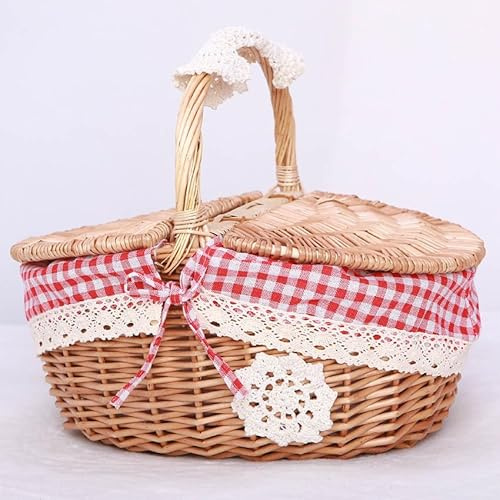 Outdoor Picnic Basket Rattan Willow Flower Basket Shopping Hotel Cleaning Tools Basket Rustic Basket with Lid (Red)