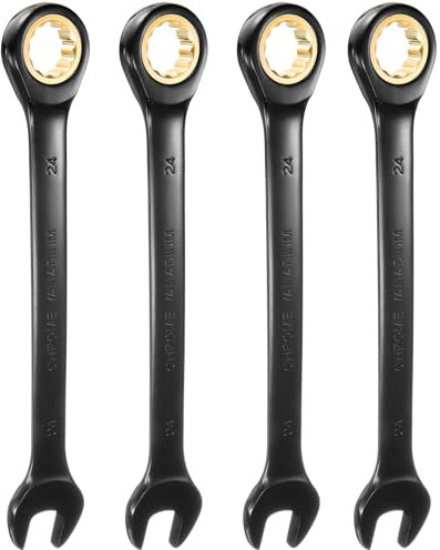 sourcing map 4Pcs Ratcheting Spanner 24mm Metric Open End Wrench 72-Teeth CR-V Steel 12 Point Nickel Plated Combination Ratchet Wrench for Fasteners Nut Bolt