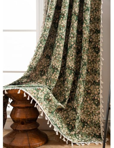 Tokusyou Blumen Gardinen Vintage Blickdicht Boho Vorhang Landhausstil Leinenoptik Jacquard Baumwolle Grün Vorhänge mit Quaste Rod Pocket für Wohnzimmer Schlafzimmer Küche 1 Stück B150×H160cm