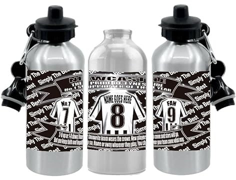 Personalised Newcastle Water Bottle - Football Shirt - Silver Aluminium Two Lids - Unisex Gift